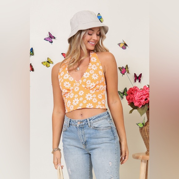 Daisy Print Open Back Halter Cropped Tank - Orange - Picture 9 of 16